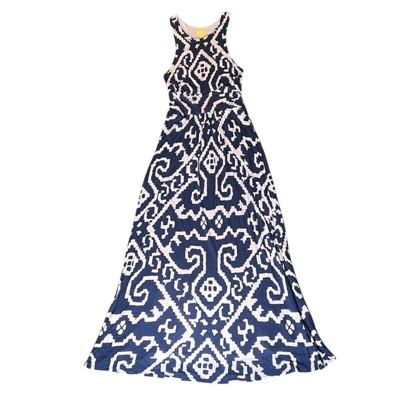 Anthropologie Maeve Scrollwork Geometric Maxi Dress, Navy Blue, Medium Petite